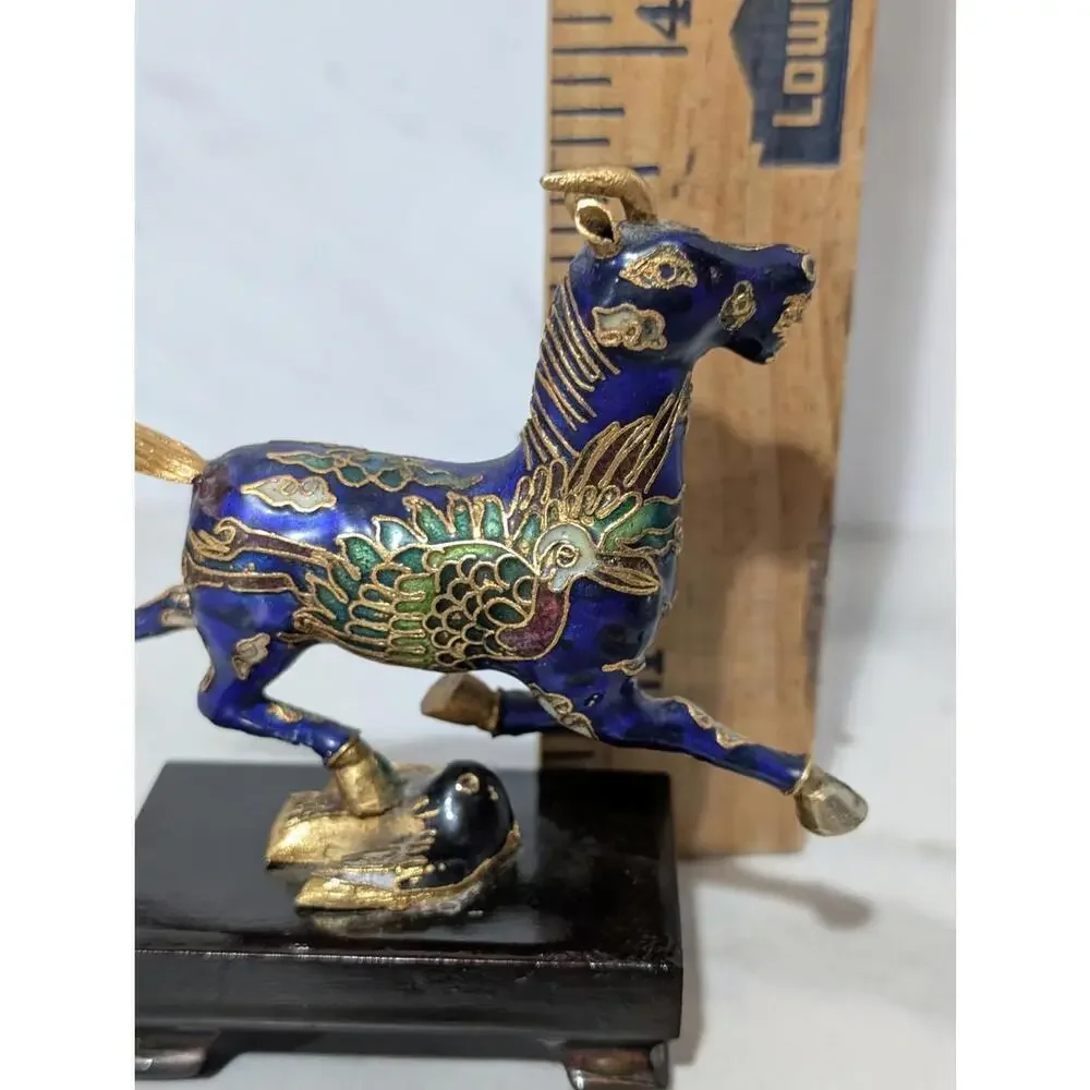 Decorative Cloisonné Horse Miniature Figurine on Black Enamel Wooden Base